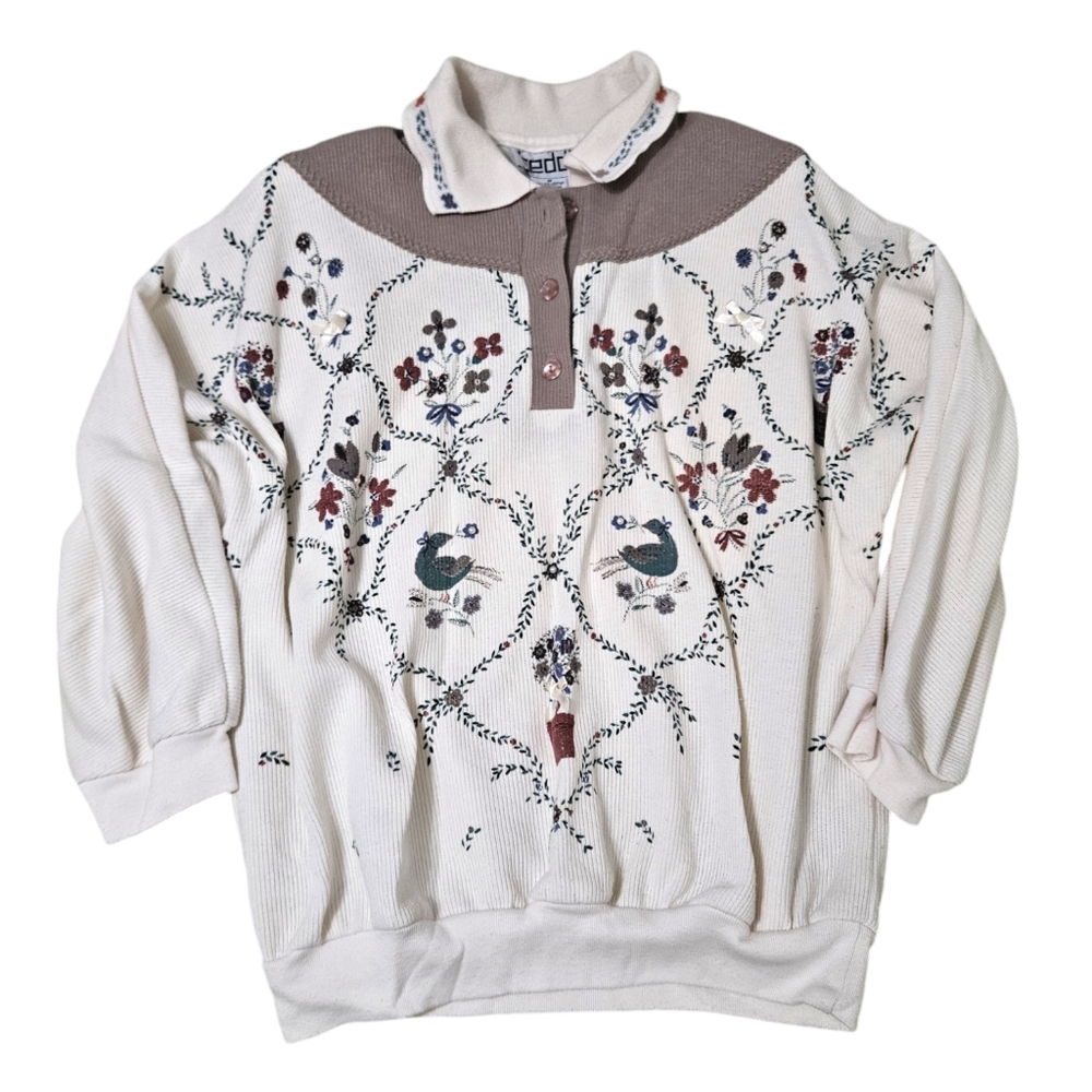 Vintage TEDDI‎ Size M Embroidered Sweater Floral & Bird Pattern Cardigan Grandma